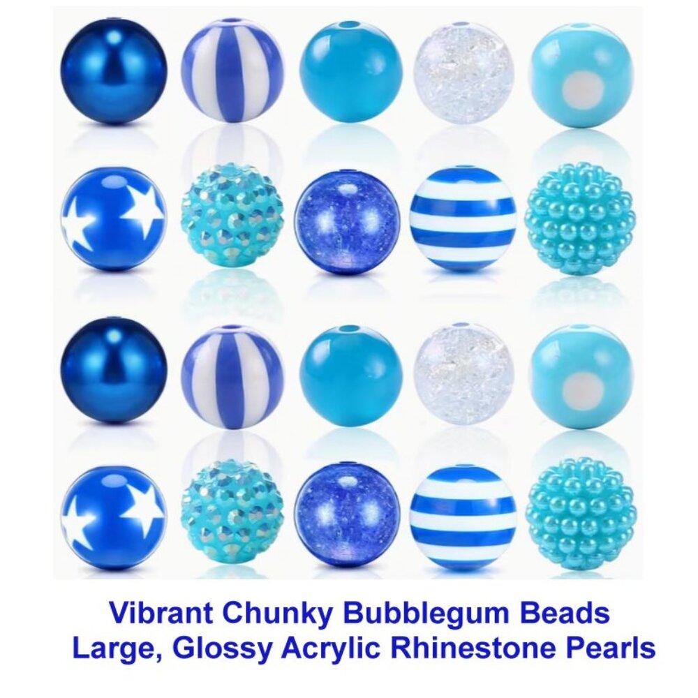 20 Vibrant Chunky Bubblegum Beads - Large, Glossy Acrylic Rhinestone Pearls Blue